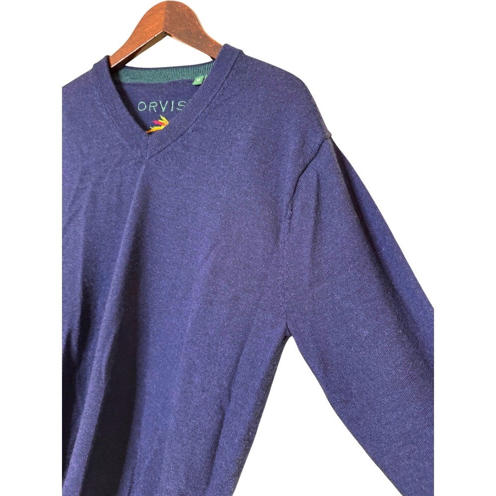 Orvis Mens Navy 100% Merino Wool‎ V-Neck Sweater Size Medium Embroidered Logo - Picture 3 of 8